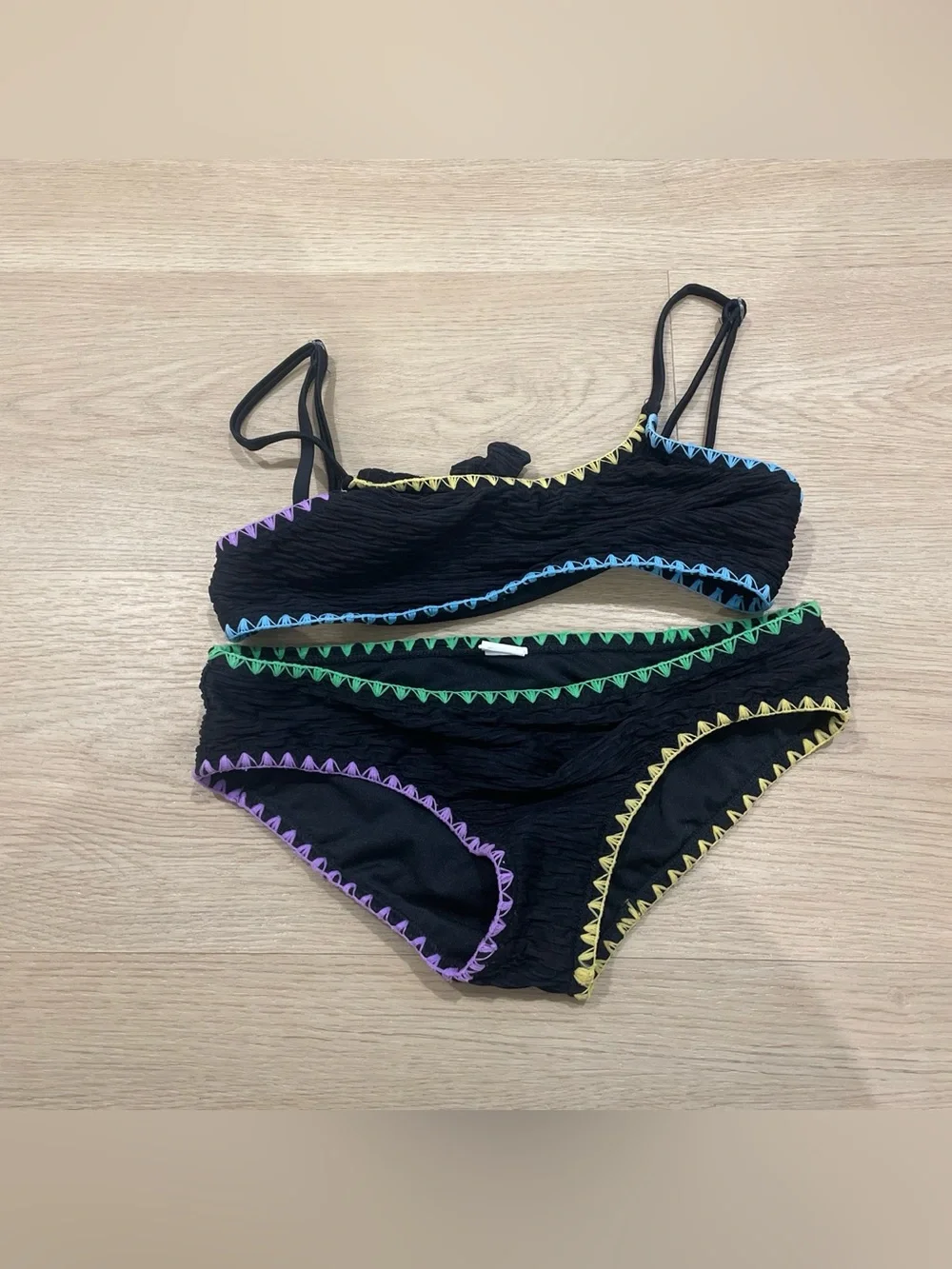 Black Girls' Two-Piece Bikini with Multicolor Stitching